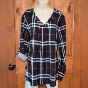 Chic V-Neck Plaid Tunic- Black‎ and Red